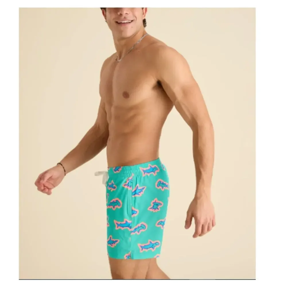 chubbies Teal Swim Trunks with Blue and Pink Starfish Print